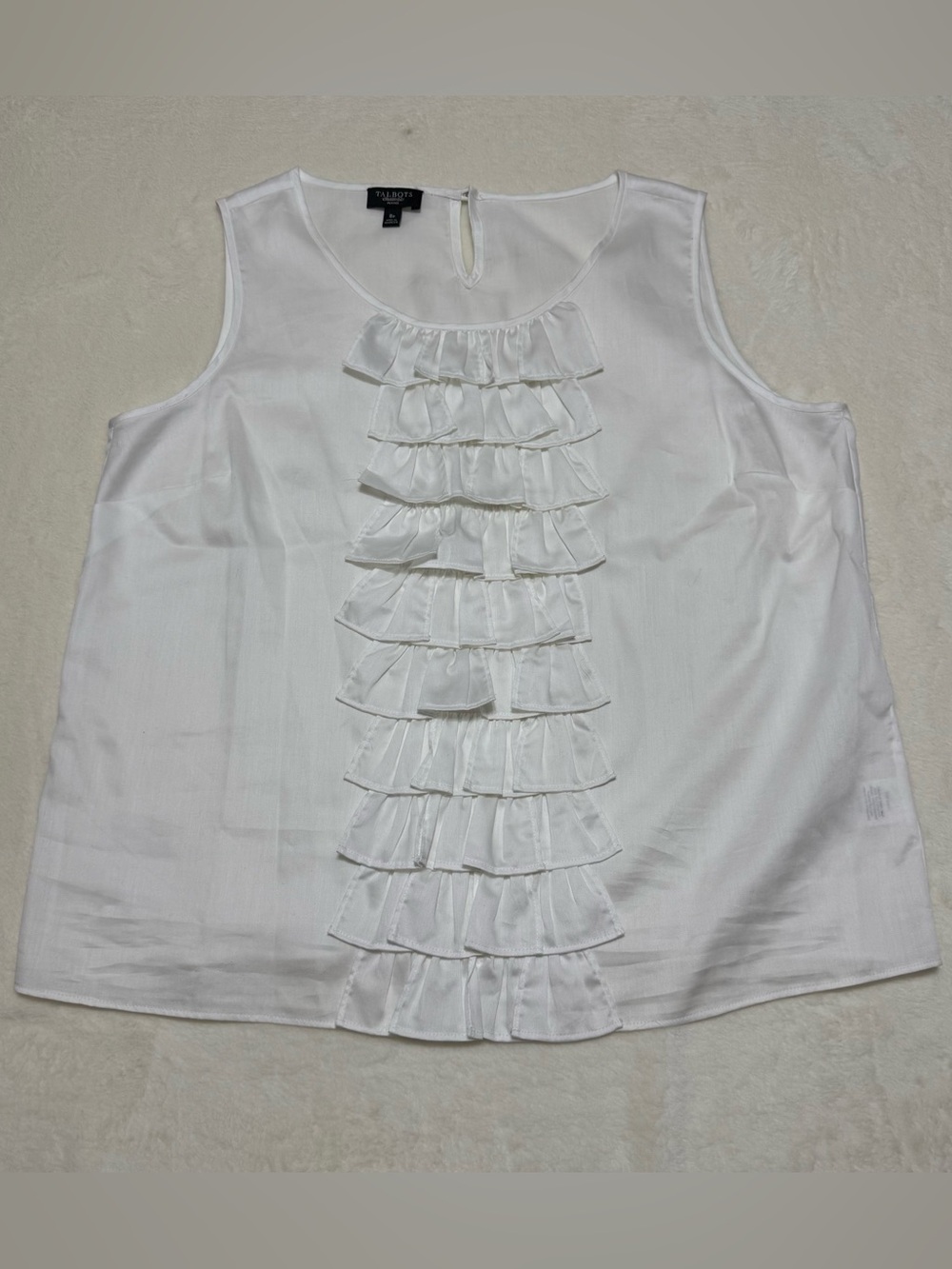 TALBOTS Women's Lightweight Stretch Cotton Tank Top Front Ruffle White Size 8p